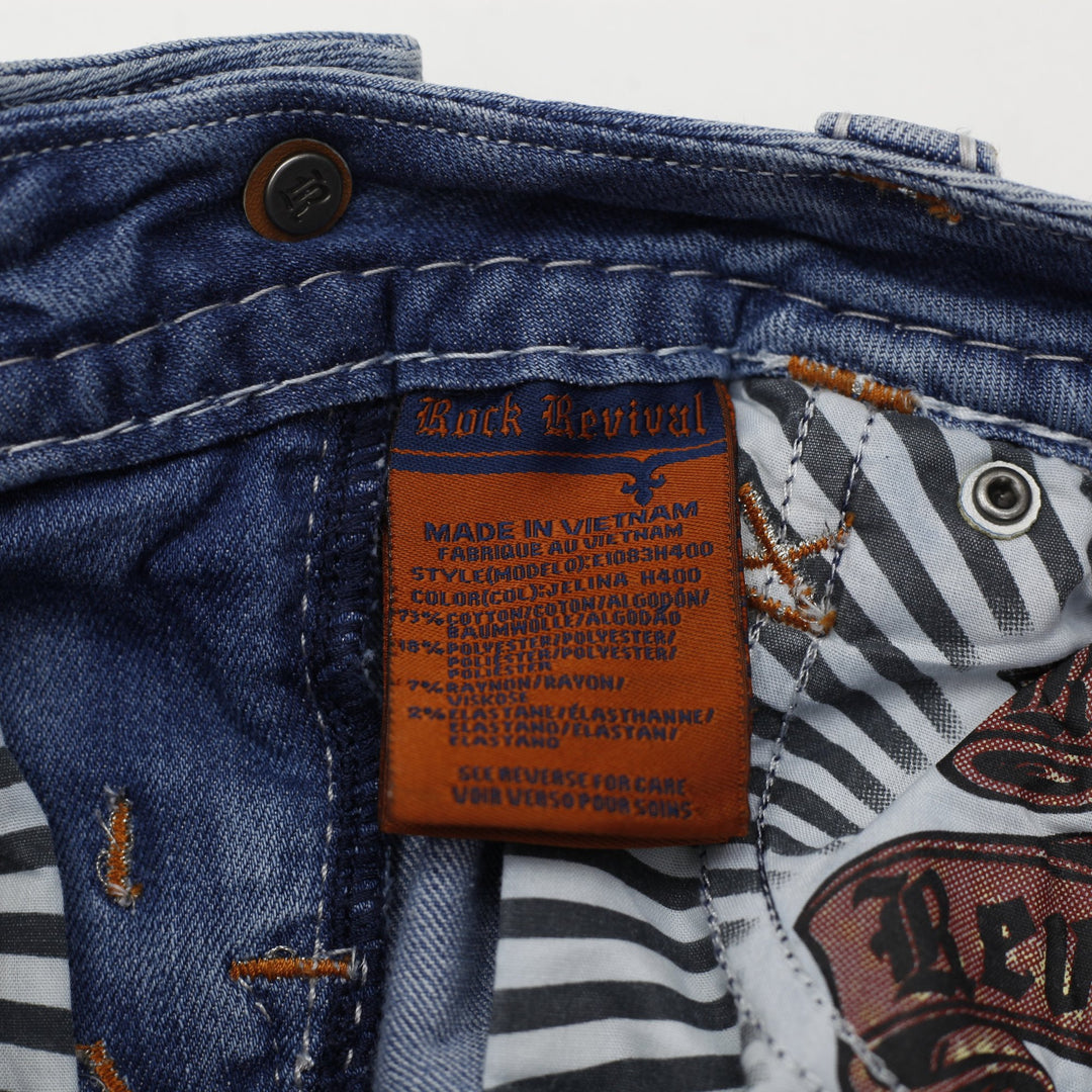 Y2K Ladies Rock Revival Denim Shorts Washed Blue Distressed Rhinestone