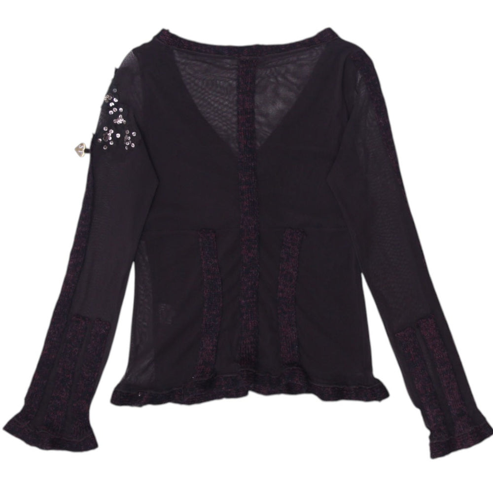 Y2K Ladies Blouse Black Lace Floral Sheer Long Sleeve Top Size L | Migration_Tops - Side View | Fashion Rerun