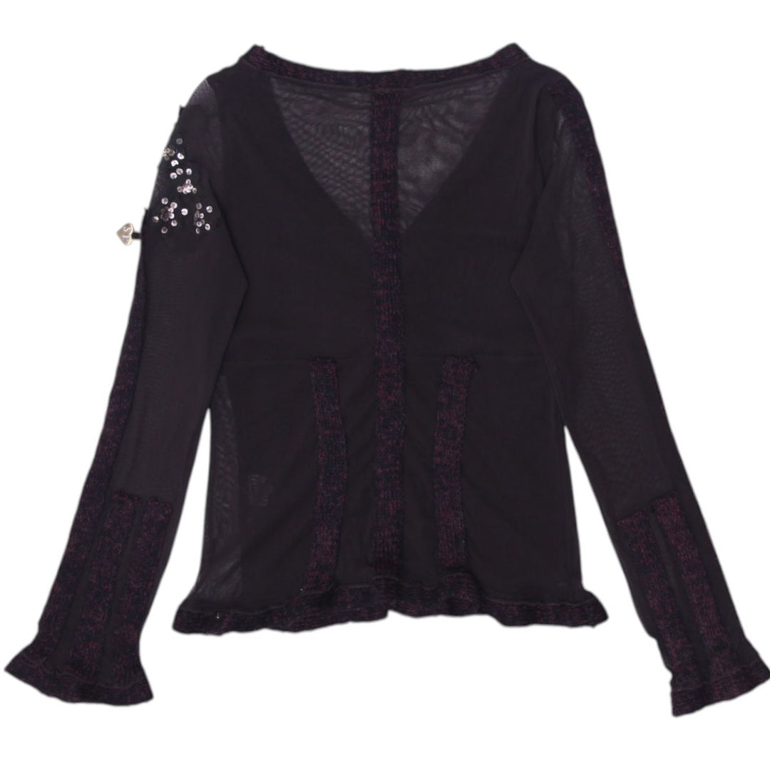 Y2K Ladies Blouse Black Lace Floral Sheer Long Sleeve Top Size L | Migration_Tops - Side View | Fashion Rerun