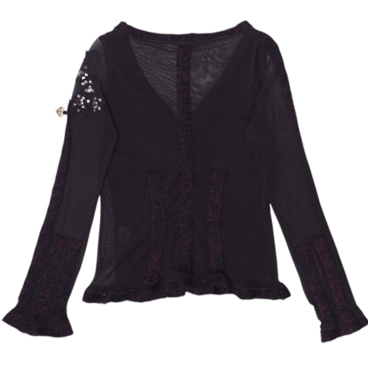 Y2K Ladies Blouse Black Lace Floral Sheer Long Sleeve Top Size L | Migration_Tops - Side View | Fashion Rerun