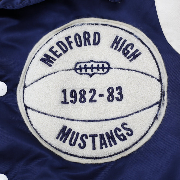 Vintage Medford High Mustangs Varsity Jacket Navy Embroidered Striped 1982-83 Size 42 | Migration_Jackets - B | Fashion Rerun