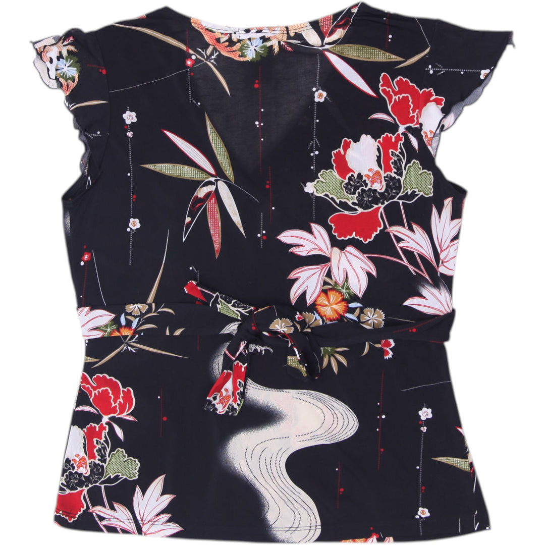 Y2K Ladies Vol 1 Asian Floral Print Crossover Bust Flutter Sleeve Top Size L