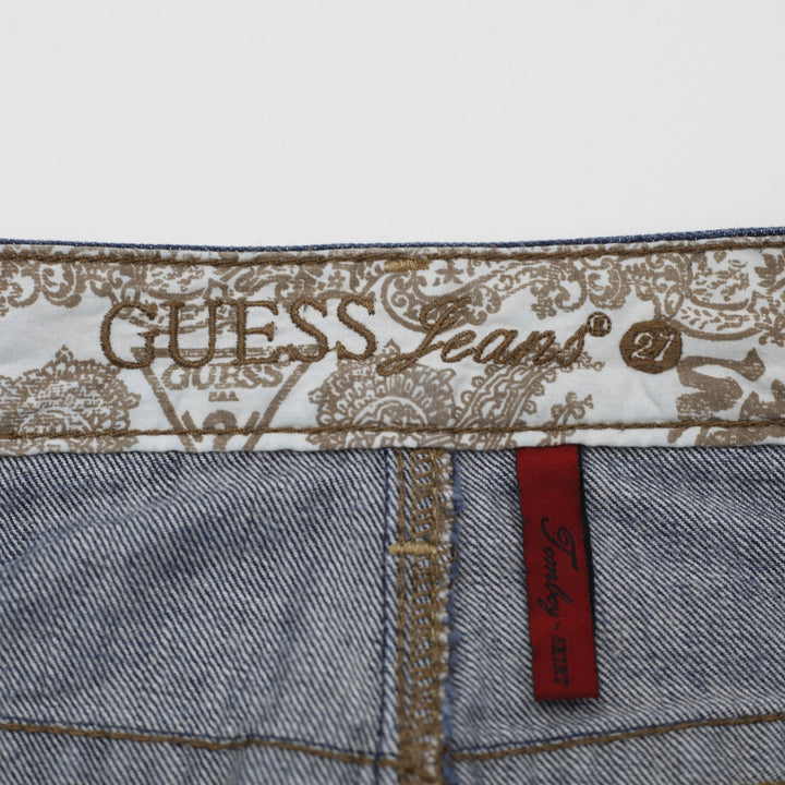 Y2K Ladies Guess Jeans Skirt Blue Denim Distressed Style Size 27