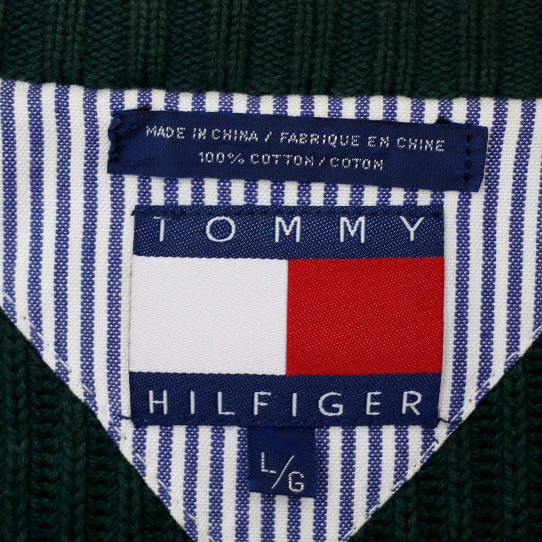 Vintage Mens Tommy Hilfiger Sweater Green Ribbed Cotton Logo