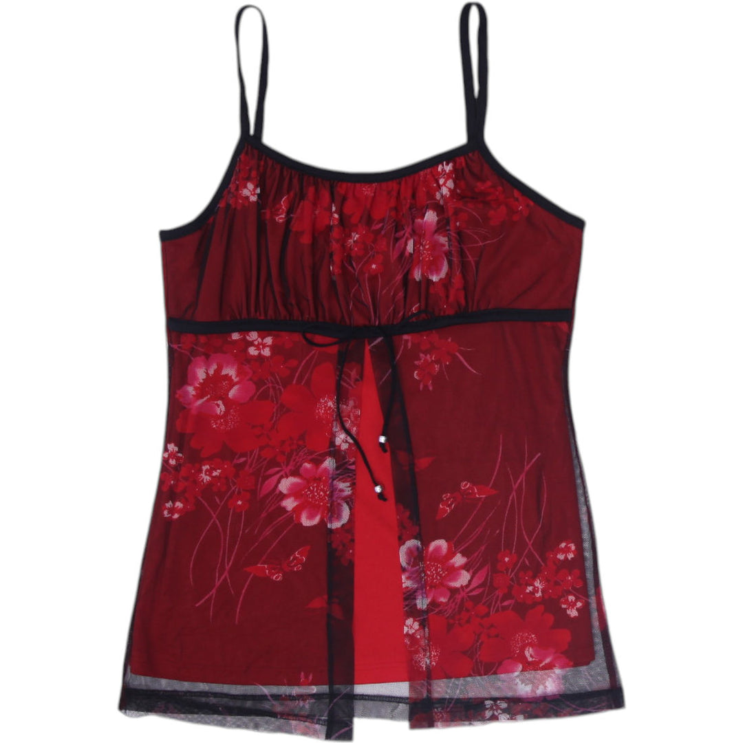 Y2K Ladies TRY Camisole Red Floral Lace Trim Sheer Size L