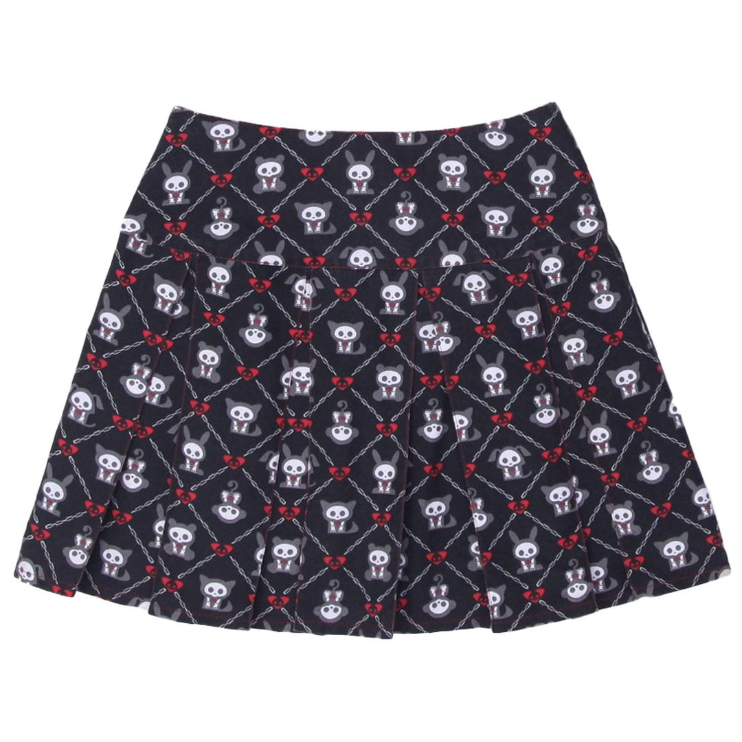Y2K Womens Skelanimals Pleated Skirt Black Skull Pattern Gothic