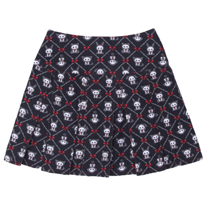 Y2K Womens Skelanimals Pleated Skirt Black Skull Pattern Gothic