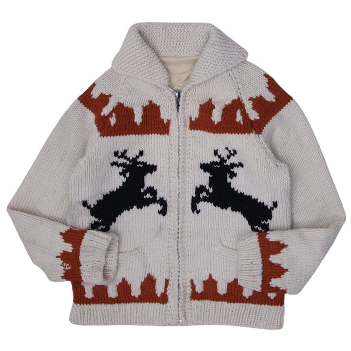 Vintage 1960s ladies wool knit deer sweater cardigan jacket, hand-knitted in Cowichan style with front zipper
