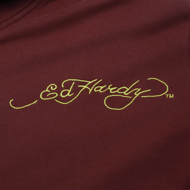 Y2K Ladies Ed Hardy Rhinestone Skull Zip Up Burgundy Hoodie Large