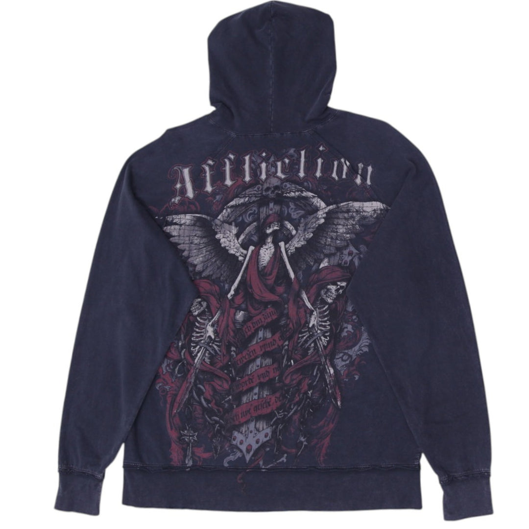Y2K Mens Affliction Hoodie Black Graphic Large Wings Art Slightly Distressed
