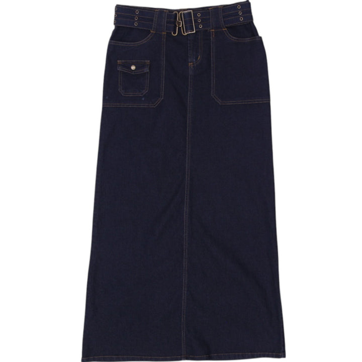 Y2K Ladies Navy Blue Belted Pocketed Denim Maxi Skirt Size S | Migration_Skirts | Fashion Rerun