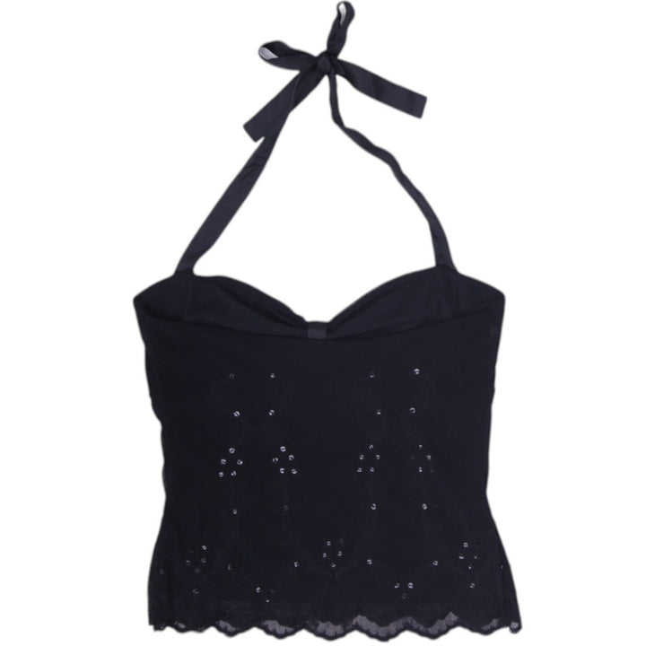 Y2K Ladies Apostrophe Halter Top Black Embroidered Bow