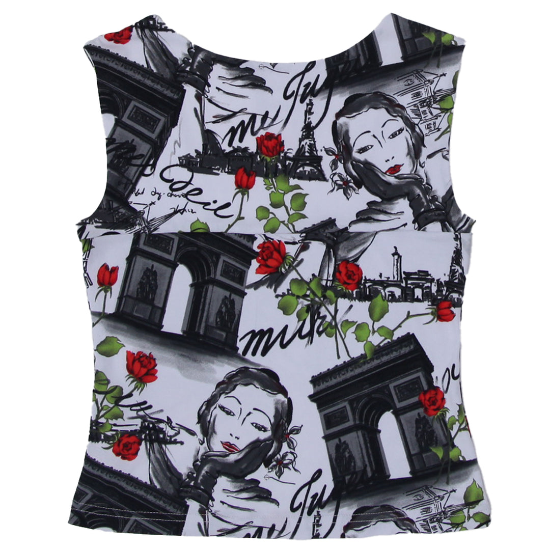 Y2K Joseph Ribkoff Paris Print Sleeveless Top Size 4 - Fashion Rerun Vintage Migration_Tops