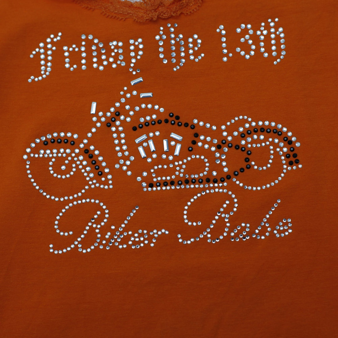 Y2K Ladies TNL Orange Rhinestone Lace Trim Strappy Top Size M