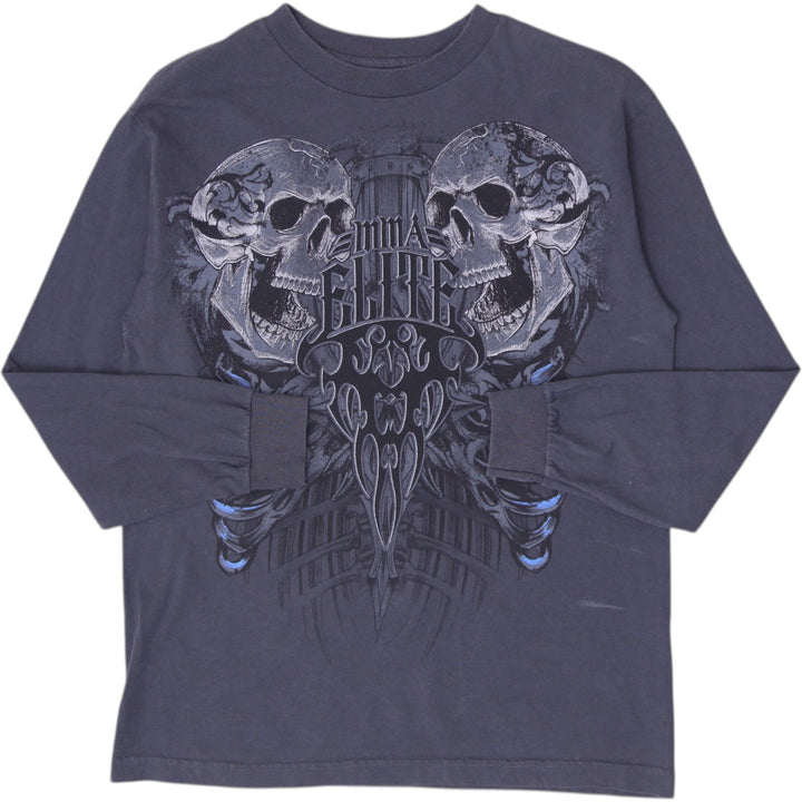 Y2K Mens MMA Elite Double Skull Graphic Long Sleeve T-Shirt Charcoal Grey Size M
