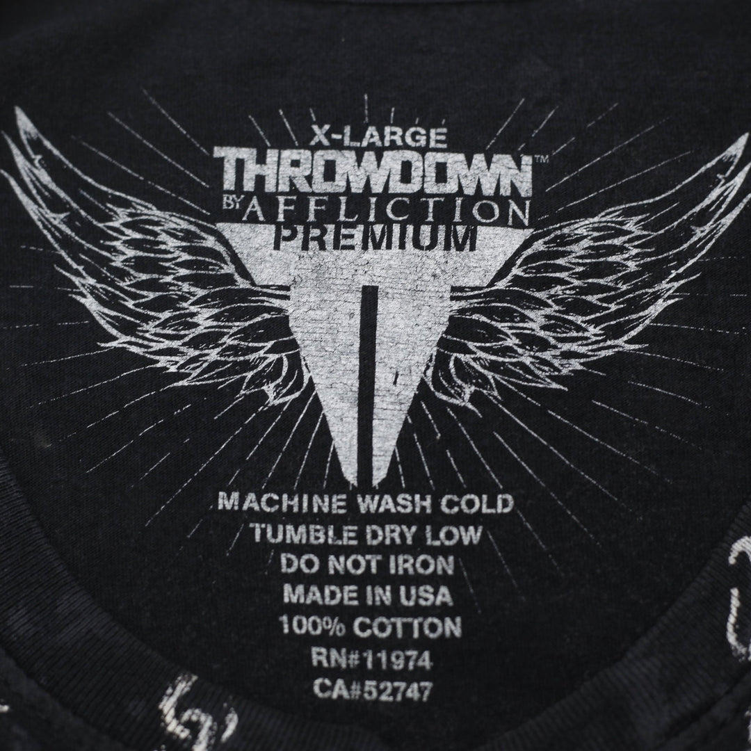 Y2K Mens Throwdown Affliction XL Black Double Sided Skull Cross Graphic T-Shirt
