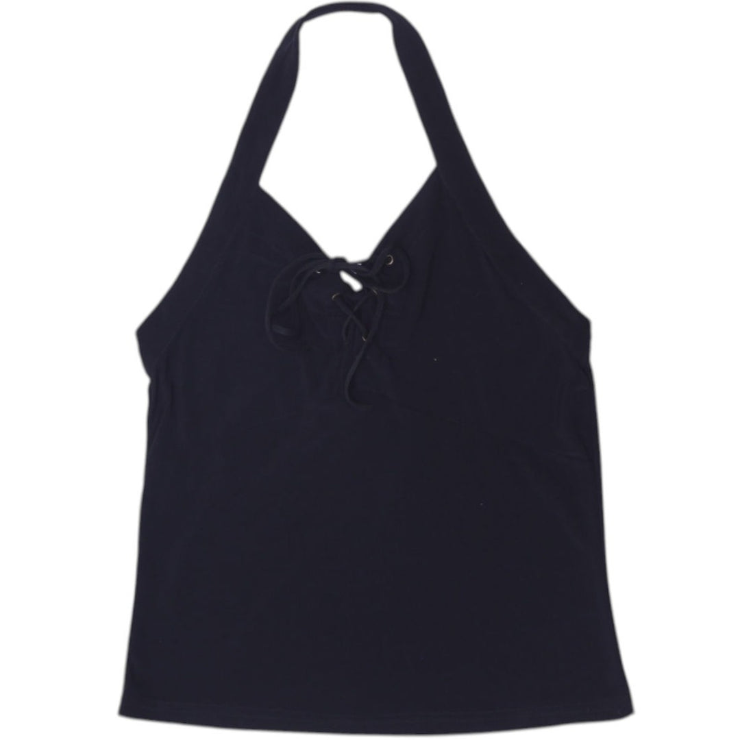 Y2K Ladies Sisley Black Halter Top Lace Up V-Neck Sleeveless Cami Tank