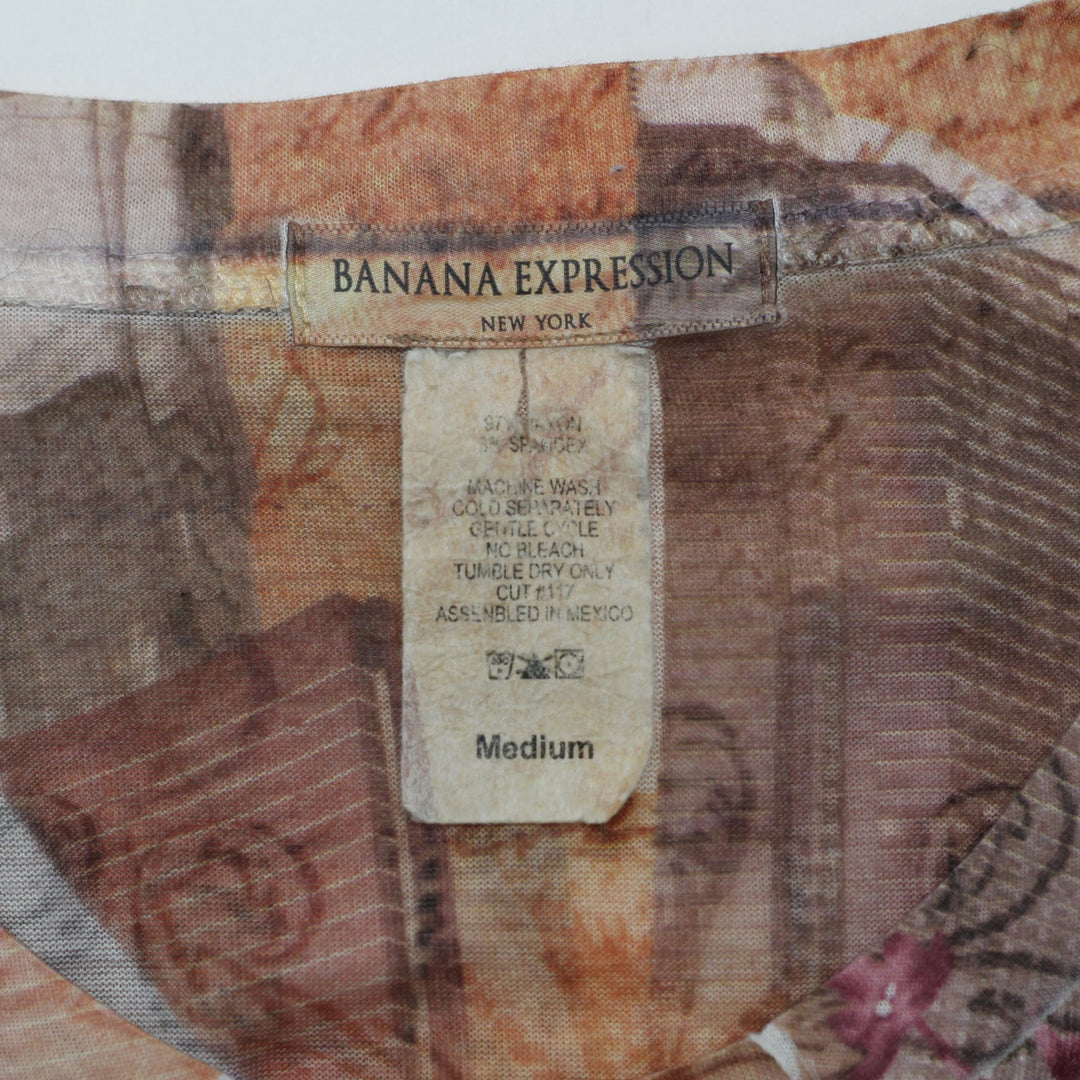 Y2K Ladies Banana Expression Las Vegas Postcard Print Mesh Overlay Top Size M