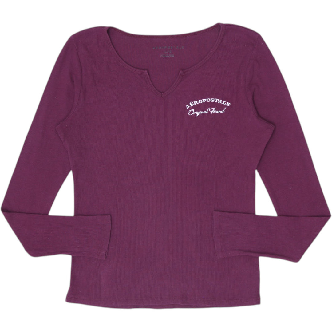 Y2K Ladies Aéropostale Maroon Long Sleeve Notch Neck Ribbed Top Size L