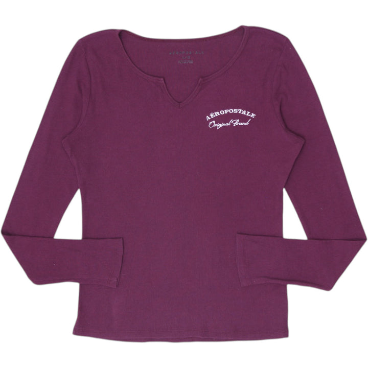 Y2K Ladies Aéropostale Maroon Long Sleeve Notch Neck Ribbed Top Size L