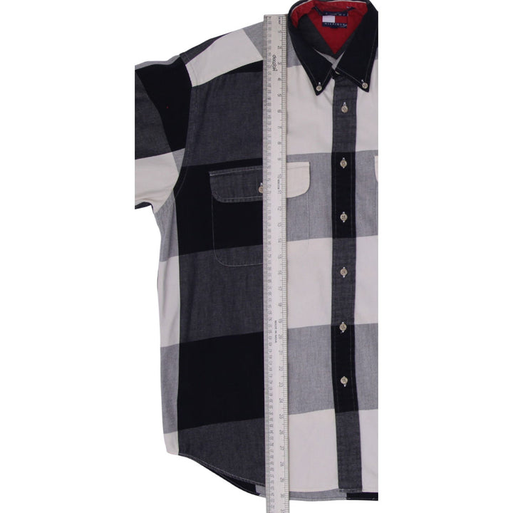 Vintage Mens Tommy Hilfiger Shirt Black Gray Check Long Sleeve Cotton Size M