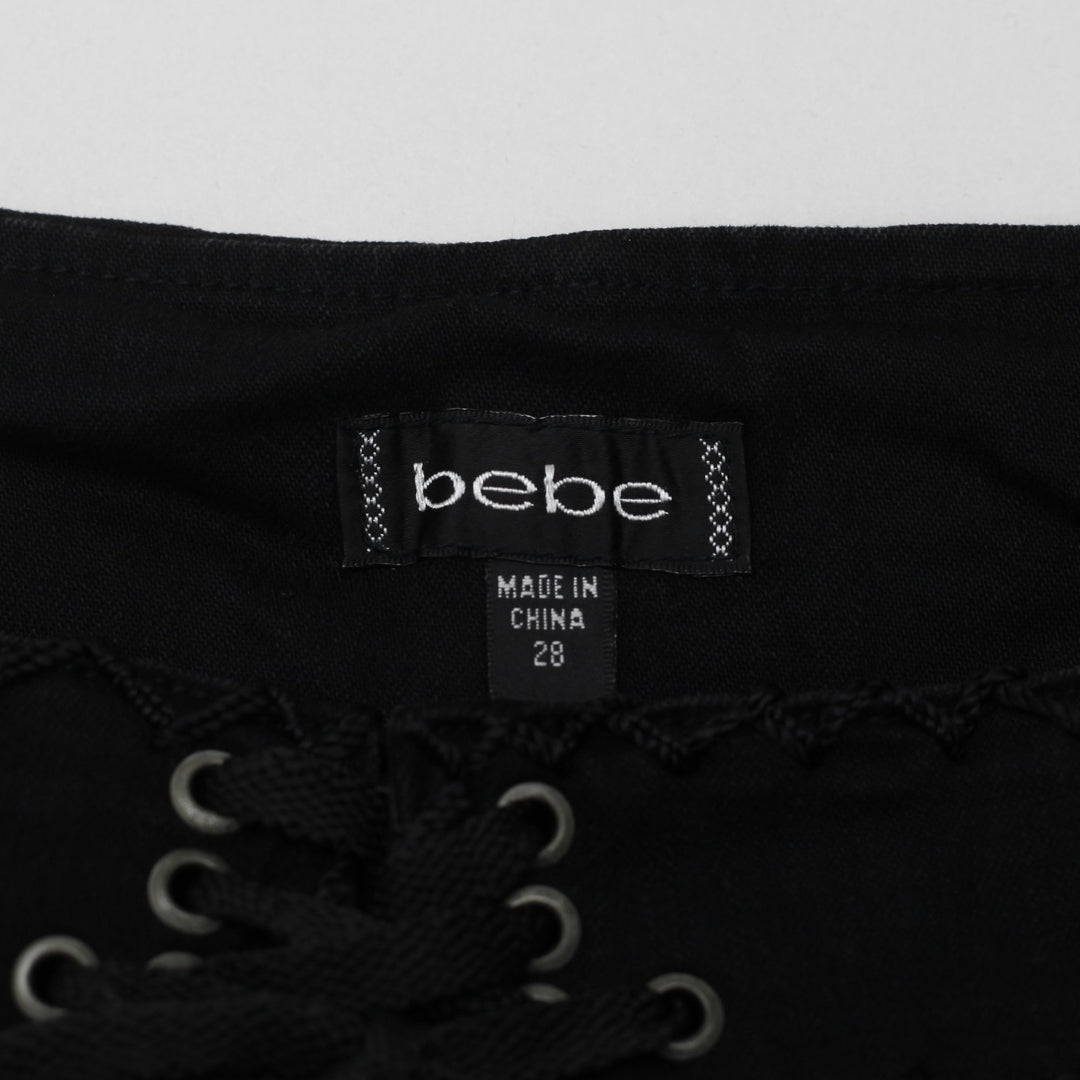 Y2K Ladies bebe Lace Up Front Crochet Flare Pants Black Size 28