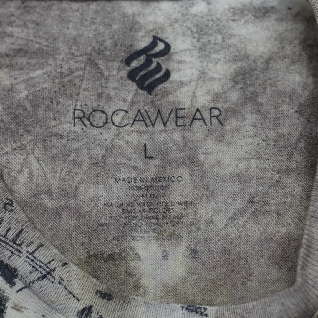 Y2K Mens Rocawear Graphic T-Shirt Beige Distressed Music Print