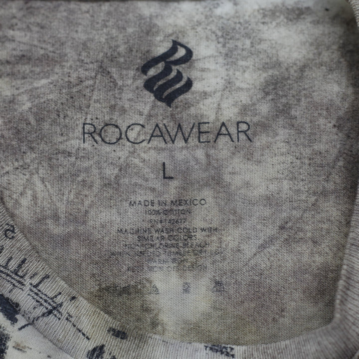 Y2K Mens Rocawear Graphic T-Shirt Beige Distressed Music Print
