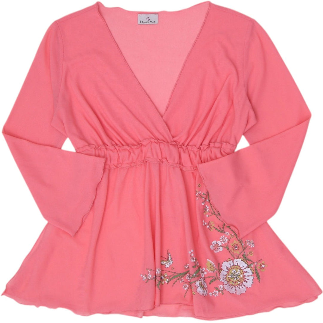 Y2K Ladies "I Love You" Coral Pink Floral Embroidered Sheer Mesh Peplum Top