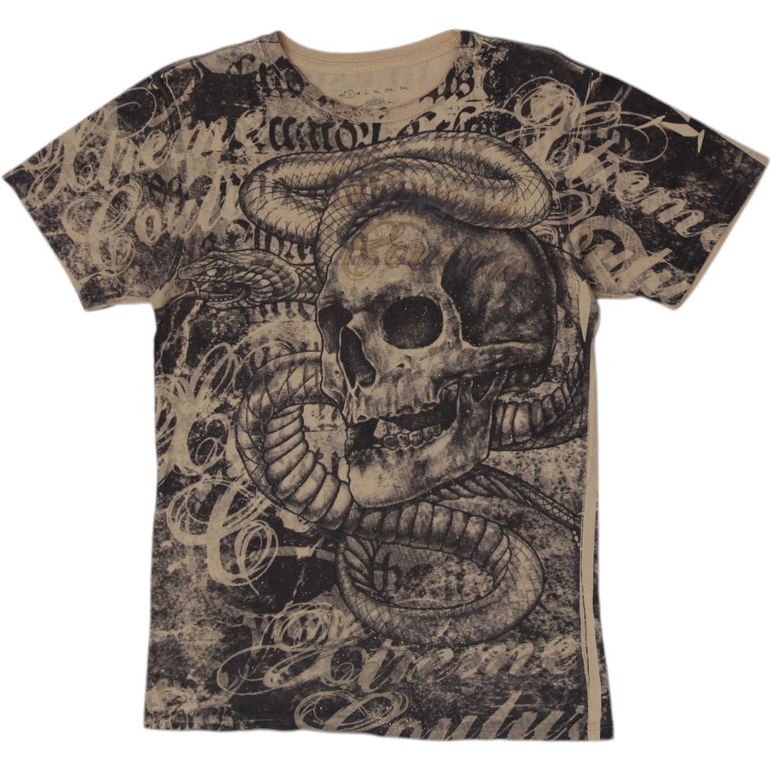 Y2K Mens Xtreme Couture Affliction Skull Snake All Over Print T-Shirt Size S