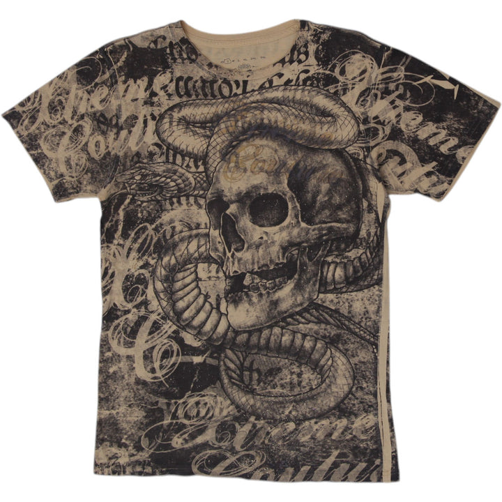 Y2K Mens Xtreme Couture Affliction Skull Snake All Over Print T-Shirt Size S