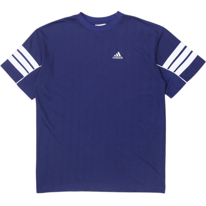 Vintage Embroidered Adidas Logo Navy Striped Sleeve Sports T-Shirt | Migration_T-Shirts | Fashion Rerun