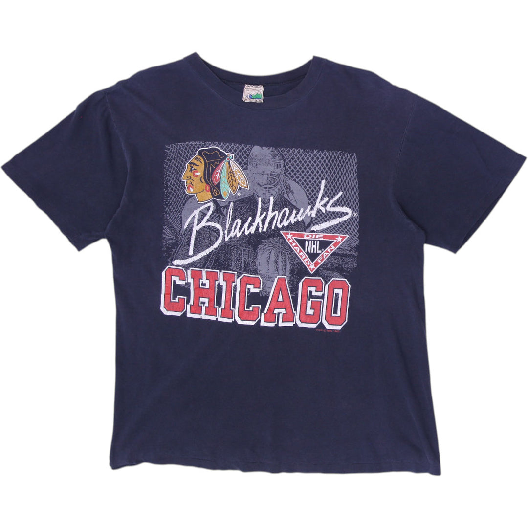 Vintage Mens Waves Blackhawks Chicago T-Shirt Navy Graphic NHL S.Stitch Size L