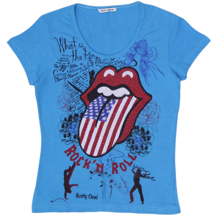 Y2K Ladies Rusty Girls Rock 'N' Roll Tongue Graphic Baby Tee Size L