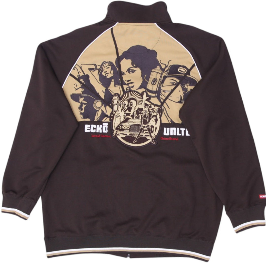 Y2K Mens Ecko Unltd Jacket Brown Zip Up Graphic XL