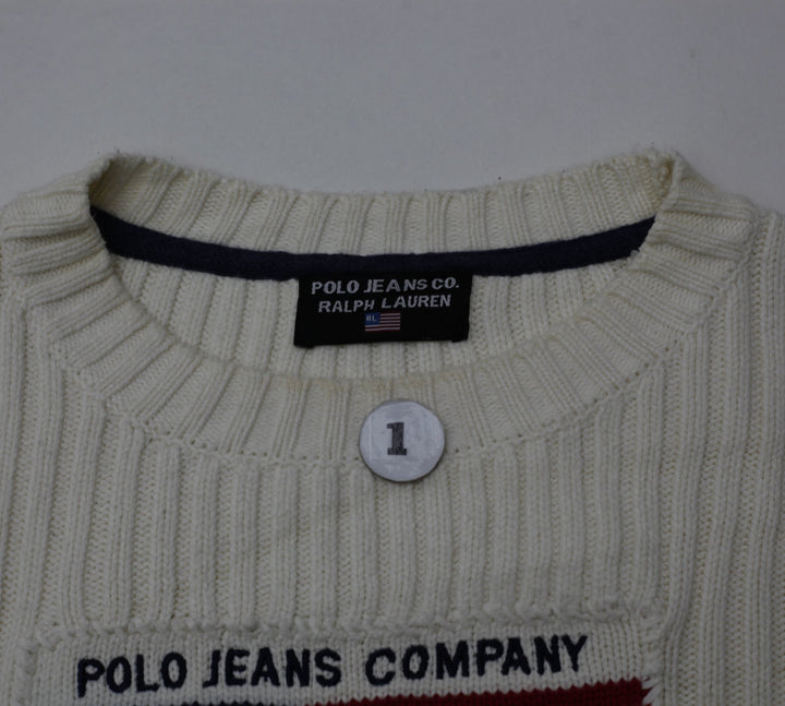 Vintage Ladies Polo Jeans Company Ralph Lauren Cream Ribbed American Flag Knit Sweater
