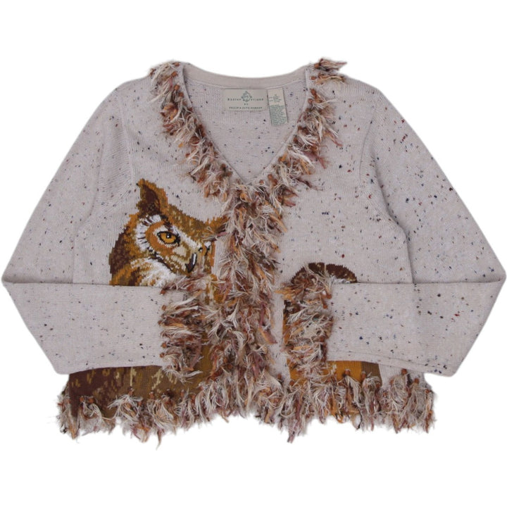 Vintage Ladies Design Options Cardigan Sweater M Owl Feather Cotton Gordon Ivory Orange OOAK