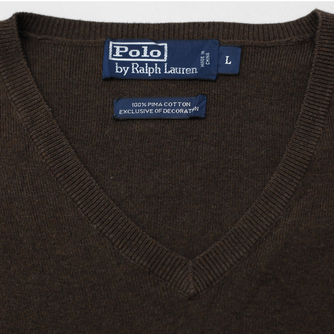 Vintage Mens Ralph Lauren Brown V-Neck Cotton Sweater Size L | Migration_Knitwear & Sweaters - Detail View | Fashion Rerun