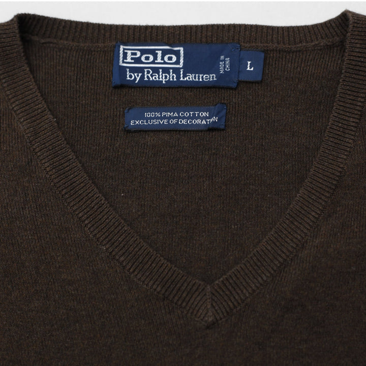 Vintage Mens Ralph Lauren Brown V-Neck Cotton Sweater Size L | Migration_Knitwear & Sweaters - Detail View | Fashion Rerun