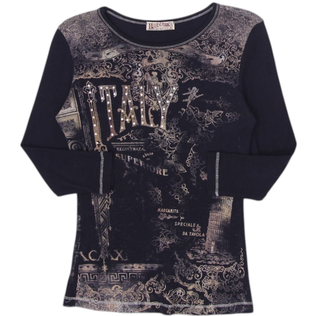 Y2K Ladies Blue Canyon Italy Graphic Top Size S
