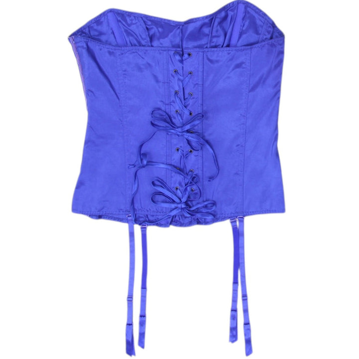 Y2K Blue Satin Strapless Corset Top - Size L | Migration_Y2K Tops - Side View | Fashion Rerun