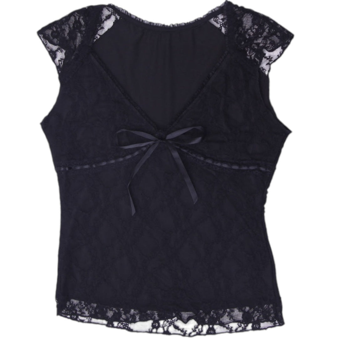 Y2K Ladies Lace Top Black Short Sleeve Bow Size S