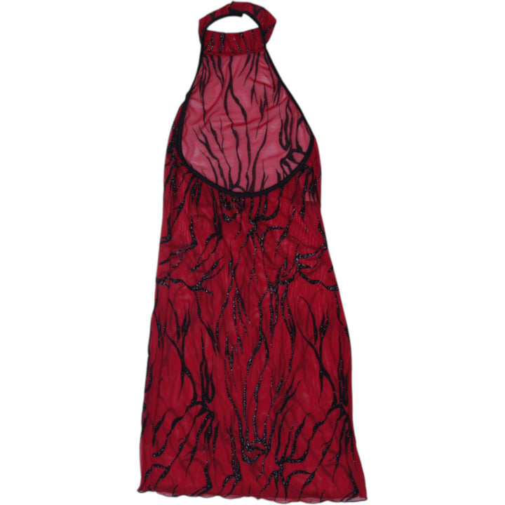 Y2K Ladies Coquette Red Black Mesh Halter Mini Dress Glitte Size M