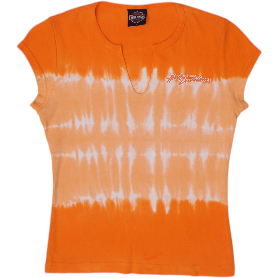 Y2K Ladies Harley Davidson T-Shirt Orange Tie Dye Graphic Size M
