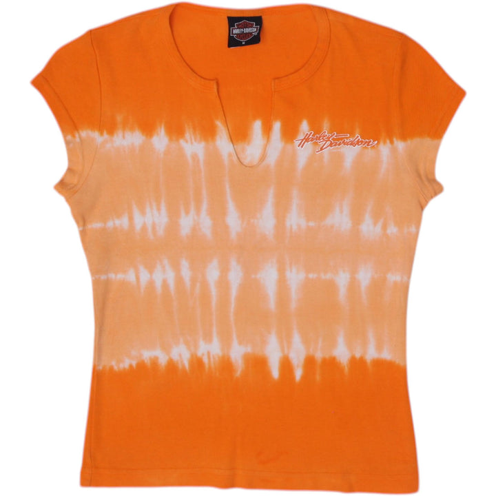 Y2K Ladies Harley Davidson T-Shirt Orange Tie Dye Graphic Size M