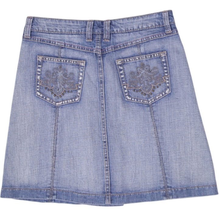 Y2K Ladies Esprit Denim Mini Skirt Floral Inner Trim Wash Patch Pockets A-Line