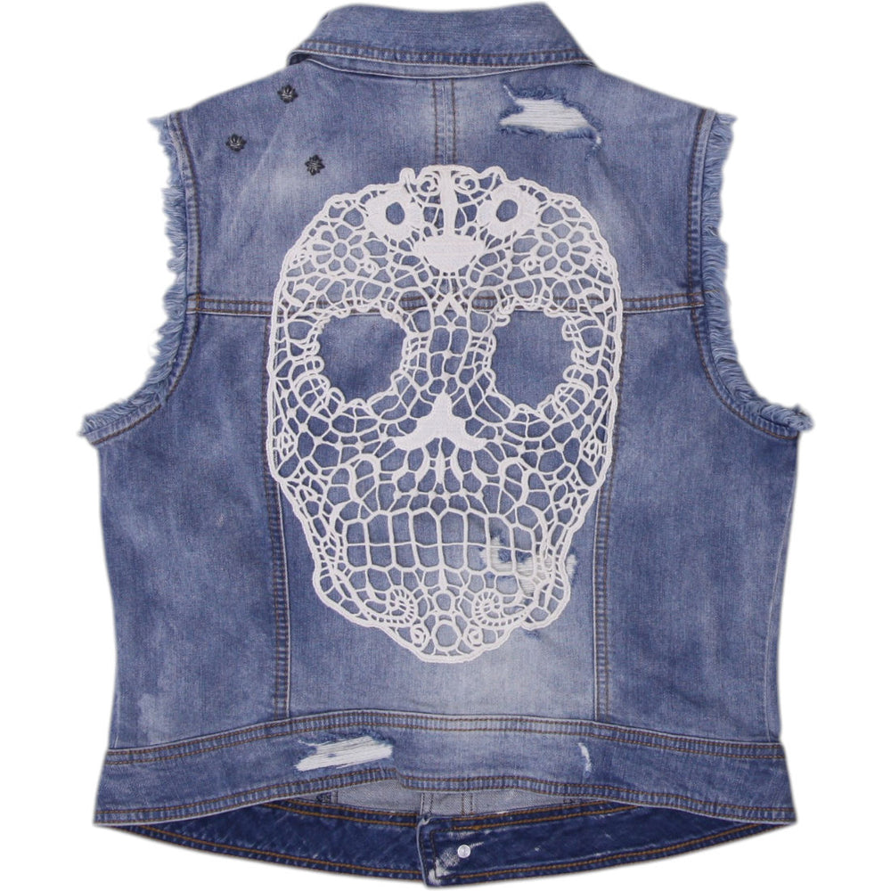 Ladies Harley Davidson Blue Denim Lace Skull Design Vest Size L | Migration_Vests - Side View | Fashion Rerun