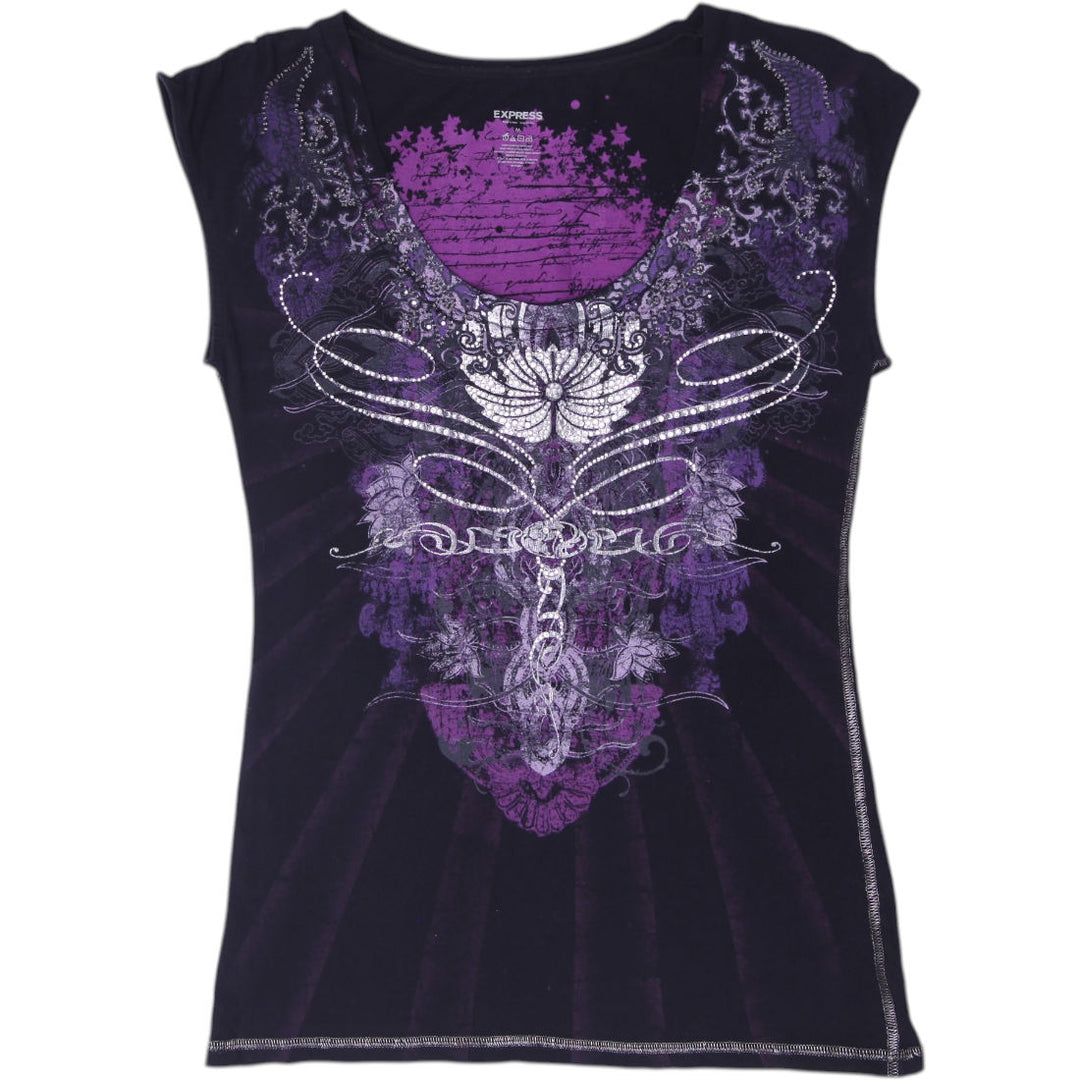 Y2K Ladies Gothic Winged Rhinestone Graphic Top Size M