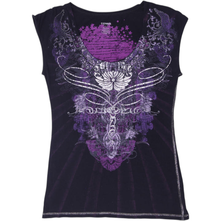 Y2K Ladies Gothic Winged Rhinestone Graphic Top Size M