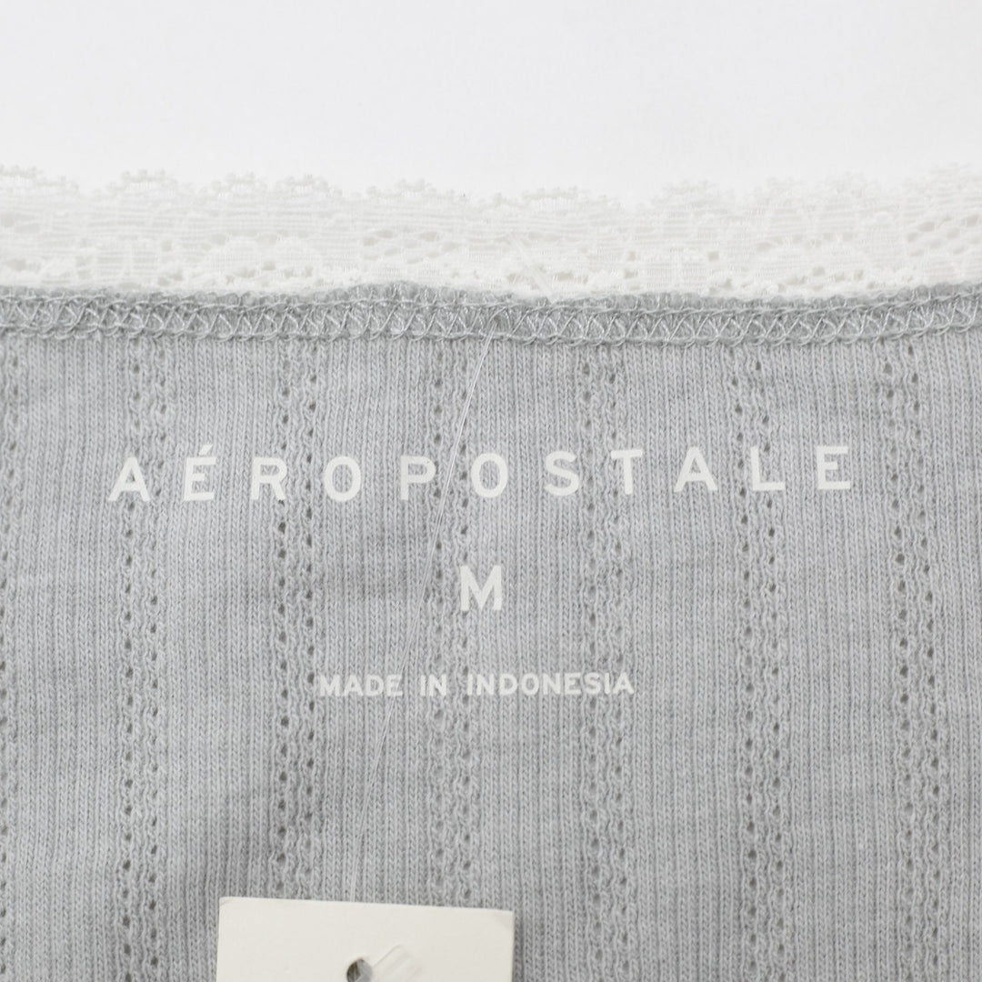 Y2K Ladies Aéropostale Grey Pointelle Ribbed Lace Trim Long-Sleeve Top Size M